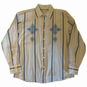 Embroidered Stripe Button Up Shirt Cotton Western Y2K Resort L Tan Blue Aztec 🌴
